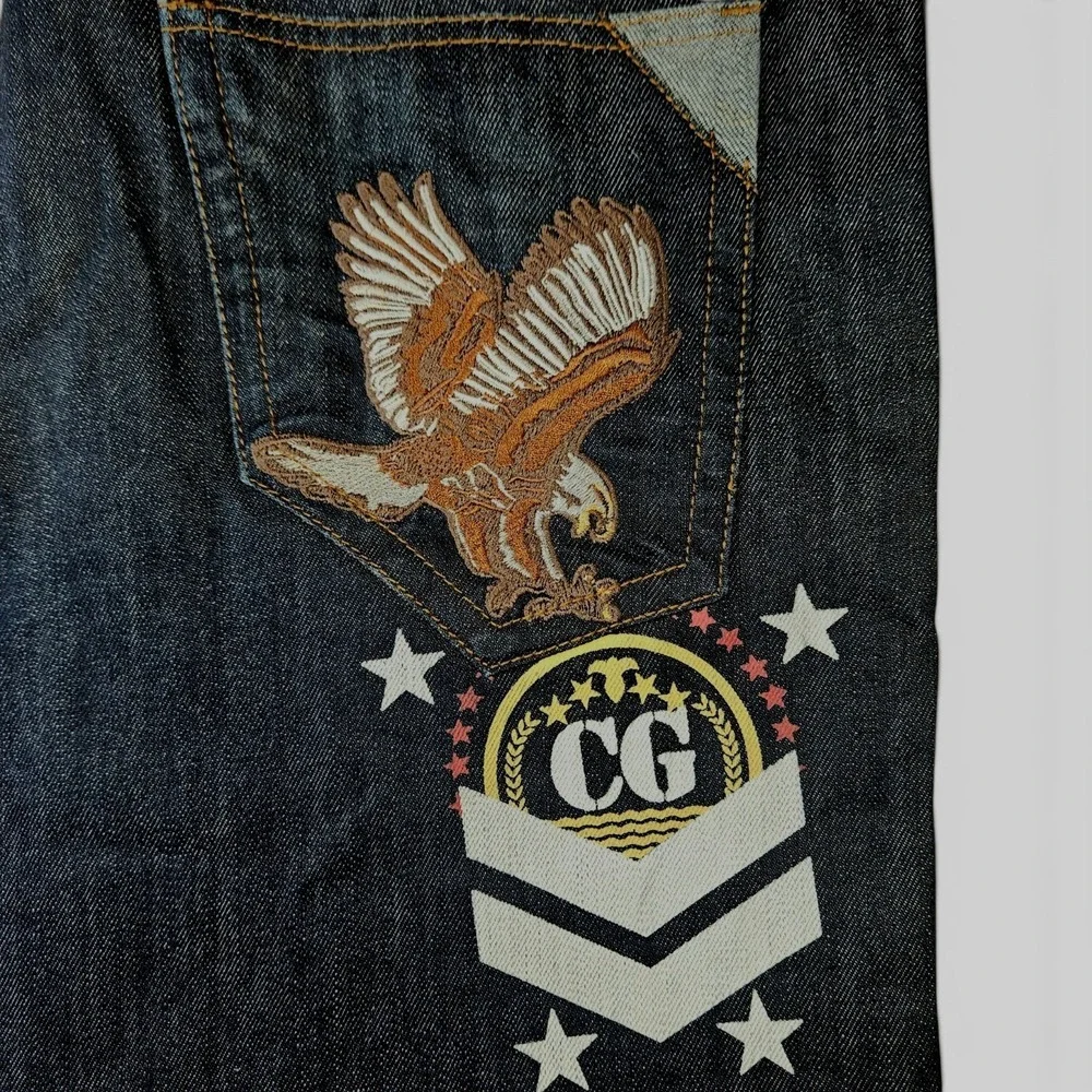 COOGI Jean 34x32 Dark Wash Straight Leg Eagle Embroidered Union Jack Baggy Retro